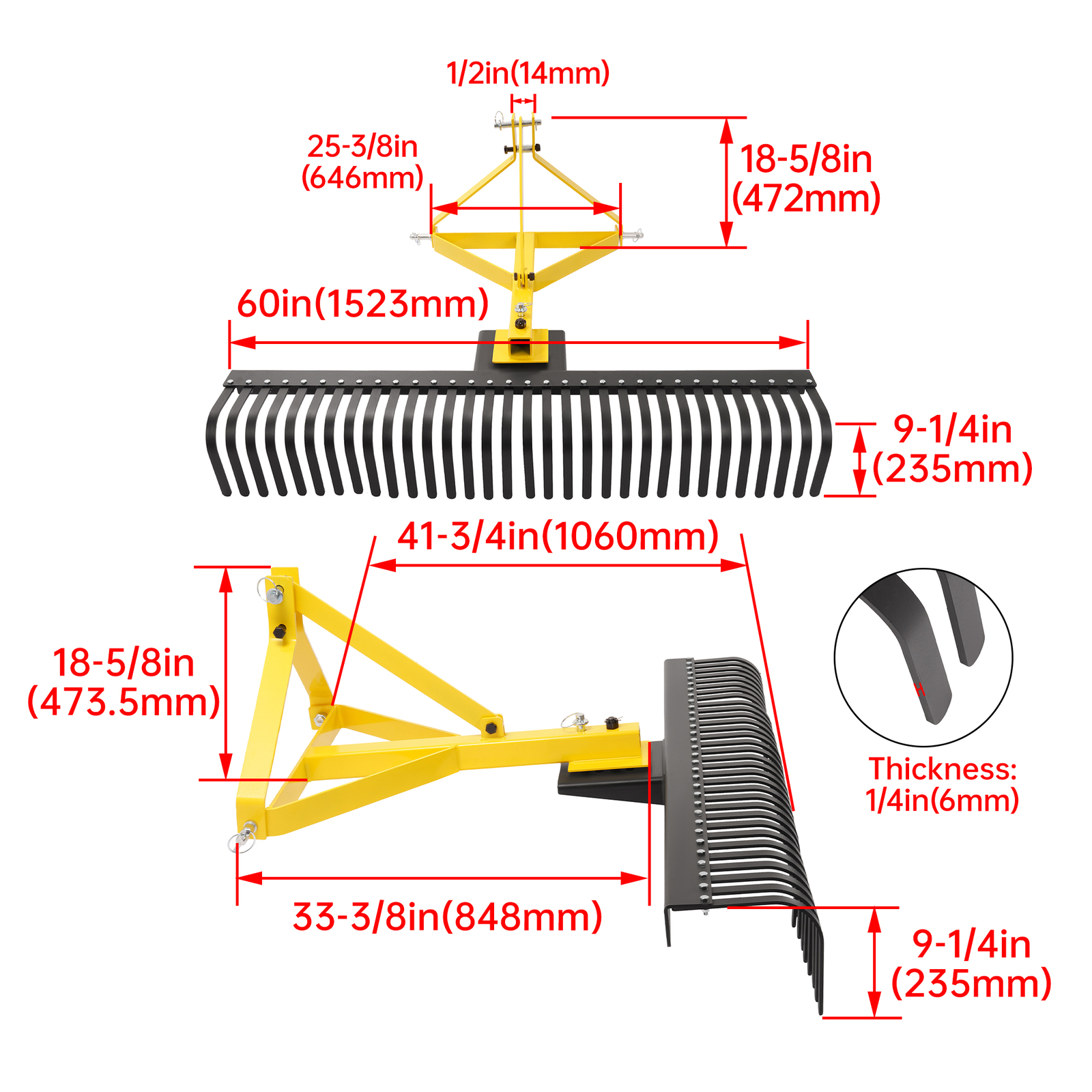 3-Point 60''Landscape Rock Rake Soil Garden Tool for Cat 1 Campact Tractor Heavy