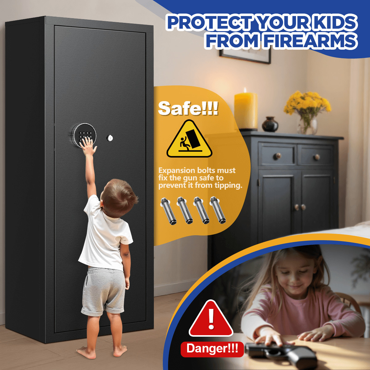 BESAFETY 12-15 Rifle Gun Cabinet for Home Steel Security Gun Safe with Alarm
