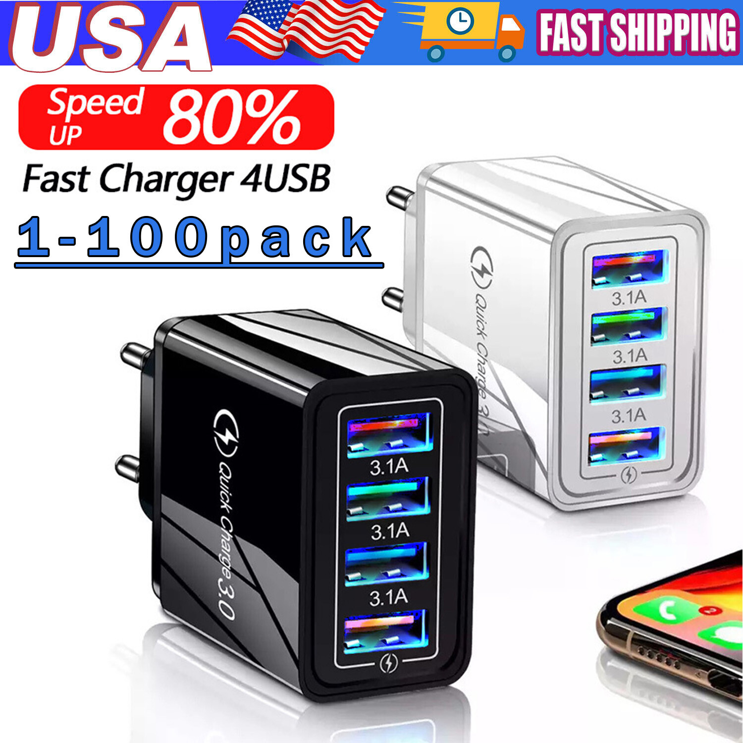 4 Port USB Wall Charger USB Fast Quick Charge QC 3.0 Power Adapter Plug US Lot
