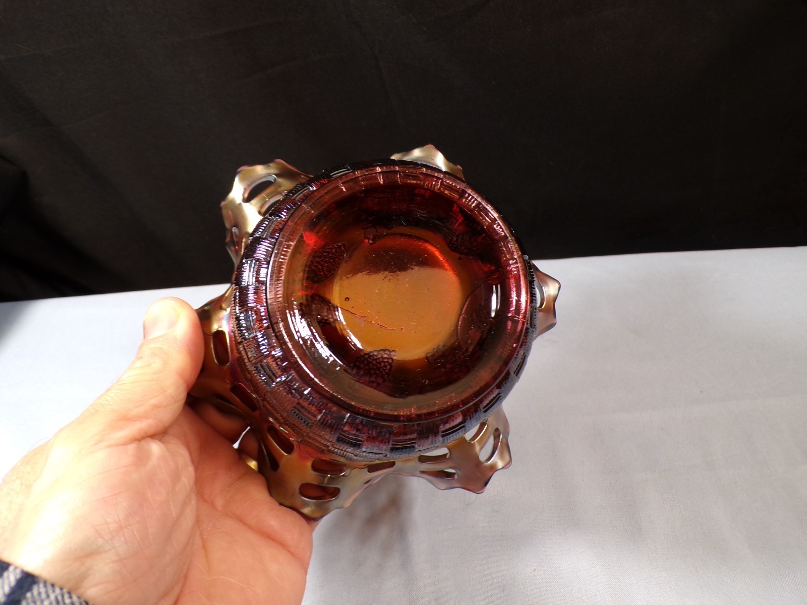 Fenton Amethyst Purple Carnival Glass Basketweave Bowl w/ Blackberry Interior