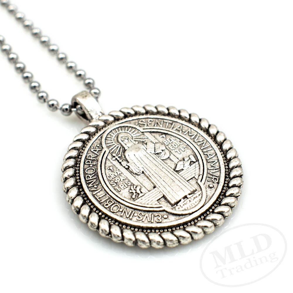 Knot Border Saint St Benedict Medal Pendant Necklace 24" Ball Chain Silver Tone