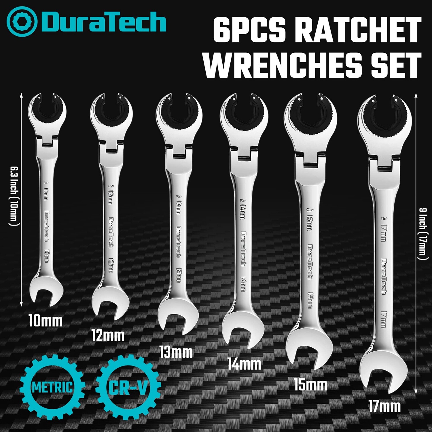 DURATECH 6-Pieces Open Flex-head Ratcheting Wrench Set 10-17mm Tubing Wrench Set
