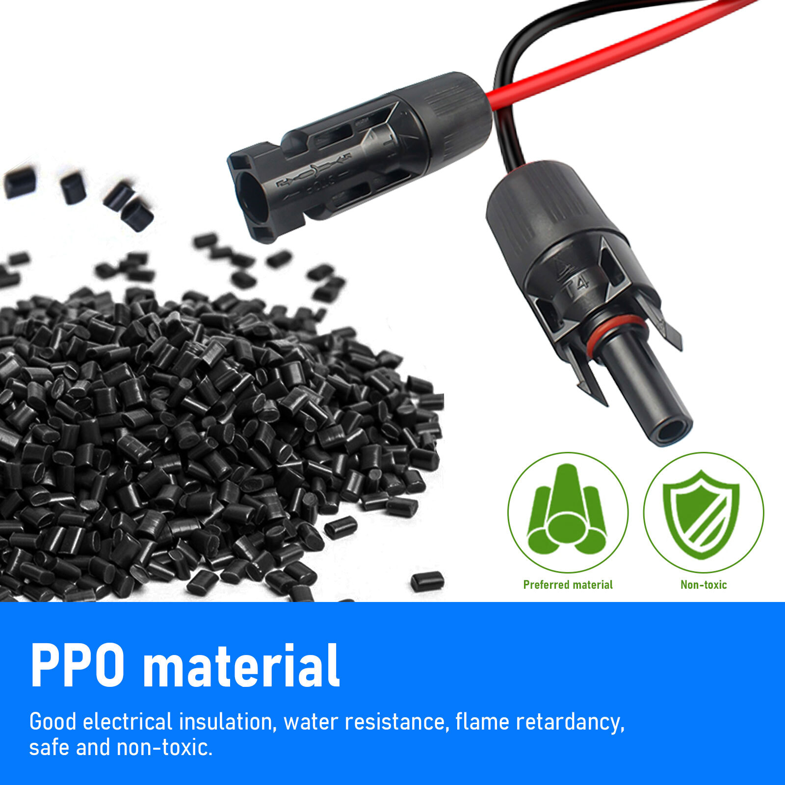 1 Pair Solar Panel Extension Cable Wire Black & Red 10AWG Gauge 6mm² Connector