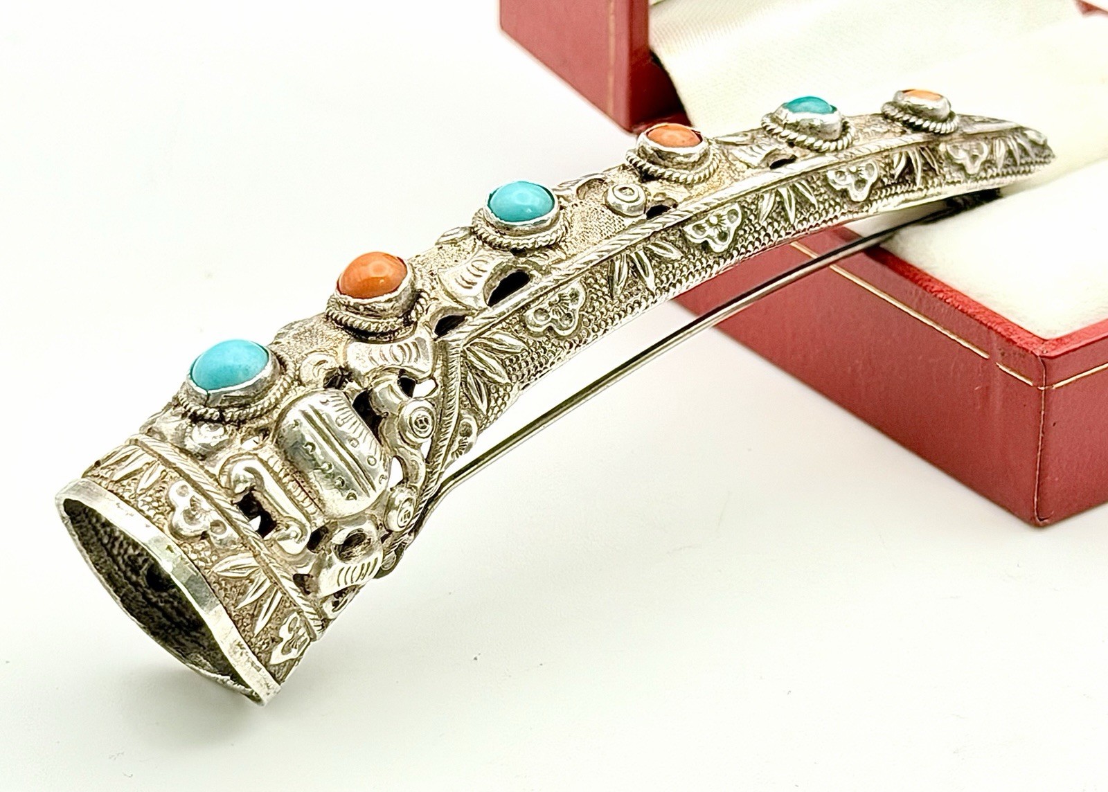 Antique Silver Chinese Finger Nail Guard / Protector Pin Rare Coral & Turquoise