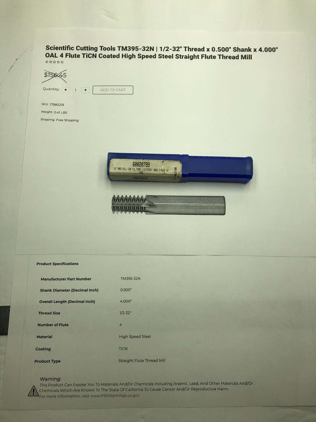 SCT Thread Mill - TM395-32N 1/2-32 1/2" Shank, 4FL - NEW HSS