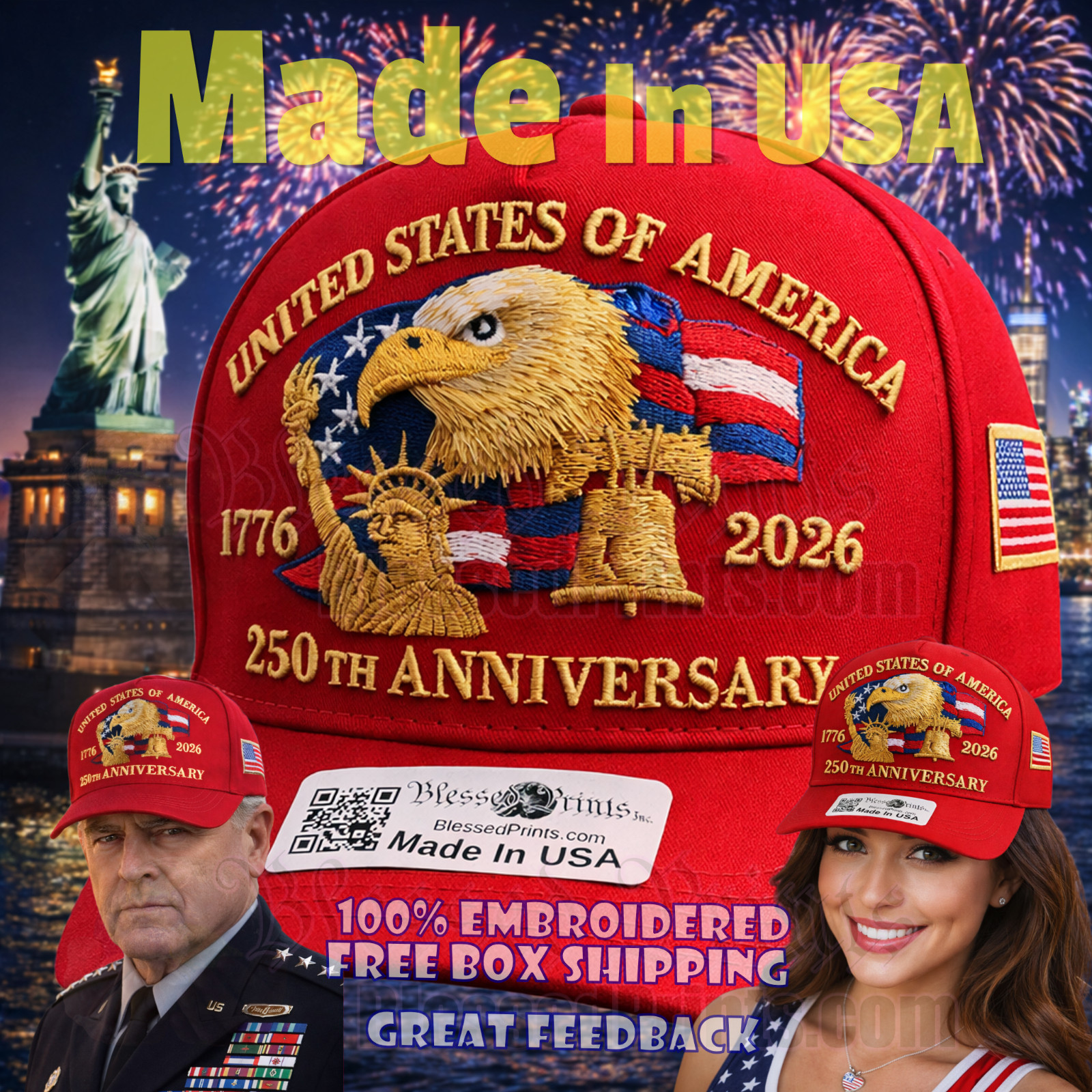 USA 250th Anniversary Hat Cap Eagle 1776 2026 RED Embroidered Made In USA V1.0