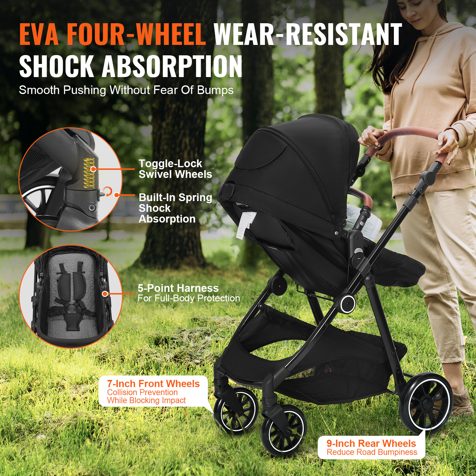 VEVOR Convertible Baby Infant Stroller Foldable Pushchair with Bassinet Black