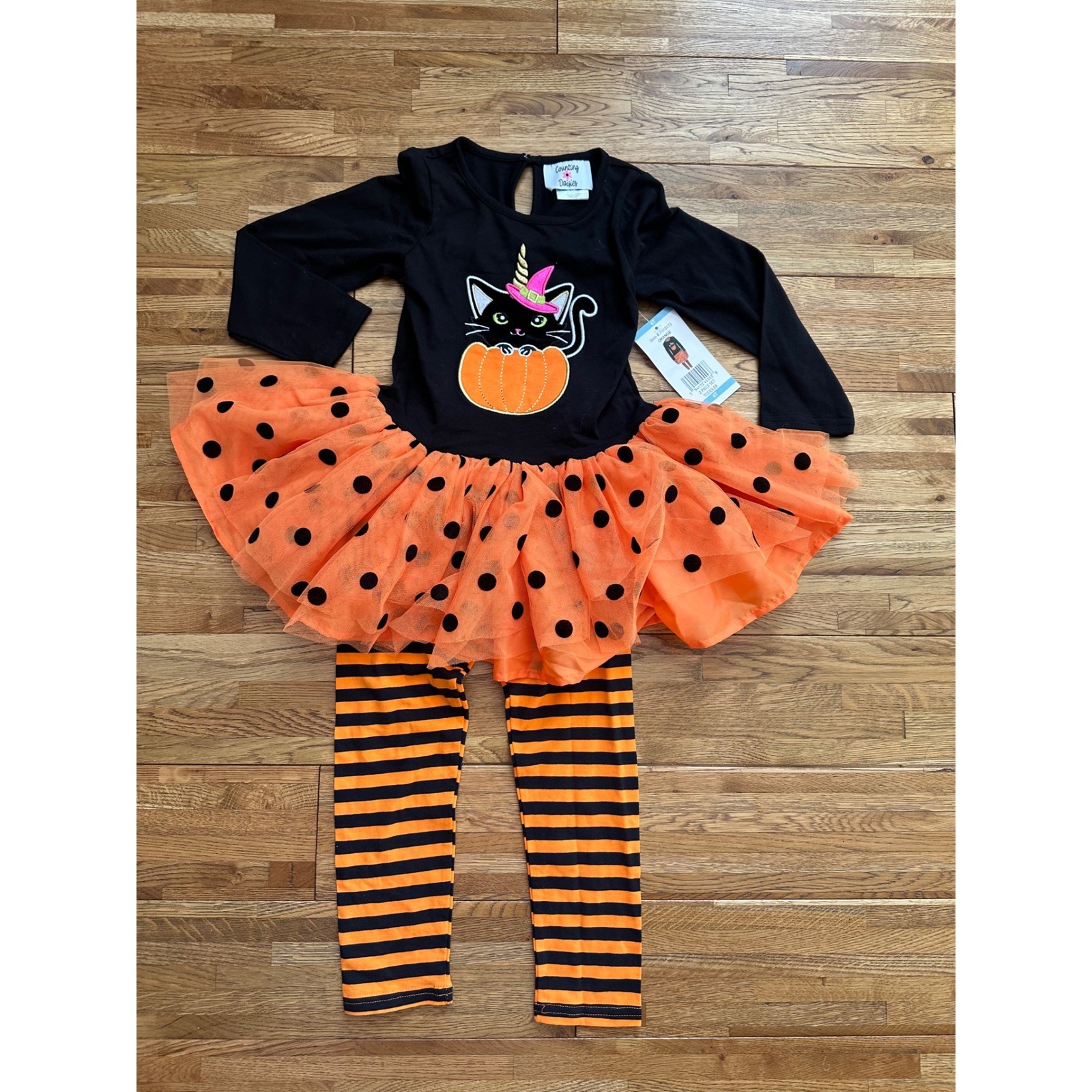 Counting Daisies Halloween Outfit 4T Black Cat Pumpkin Tutu Leggings Set