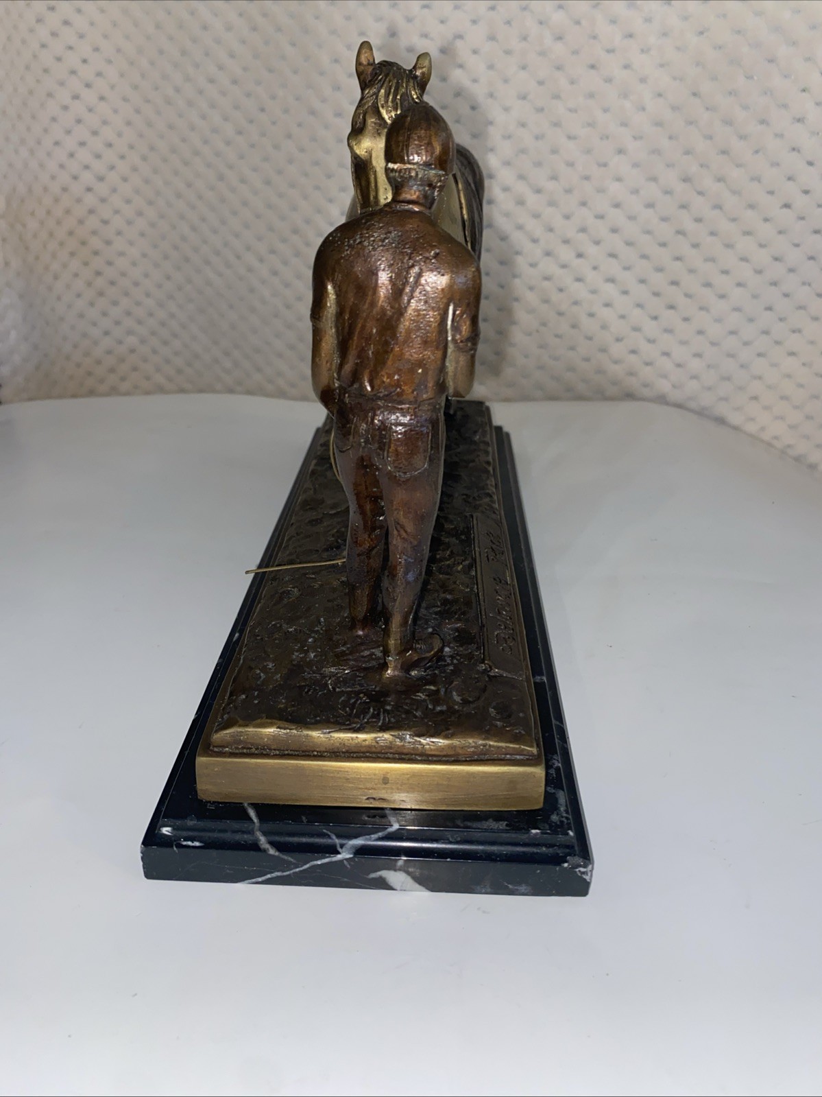 Delaware Park Bronze Sculpture Feeding Horse with Jockey on Marble Base Vintage