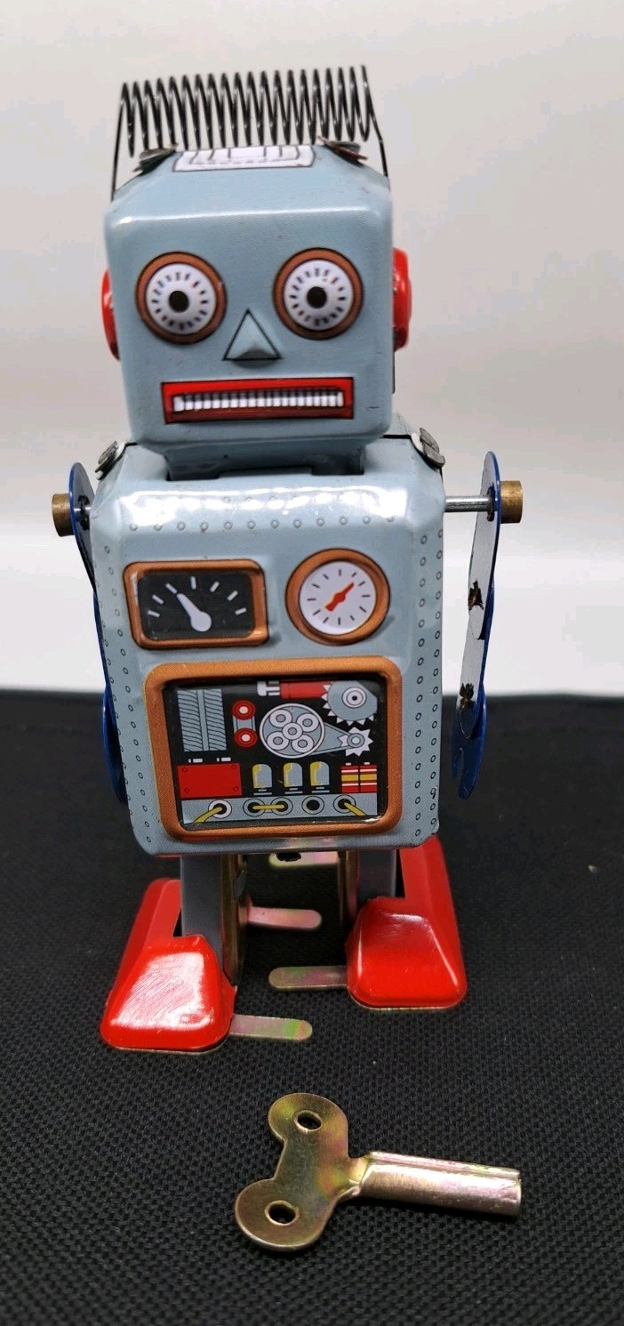 Tin Robot 4.5" Wind Up Blue Litho Retro Collectible Mini Robot MS294