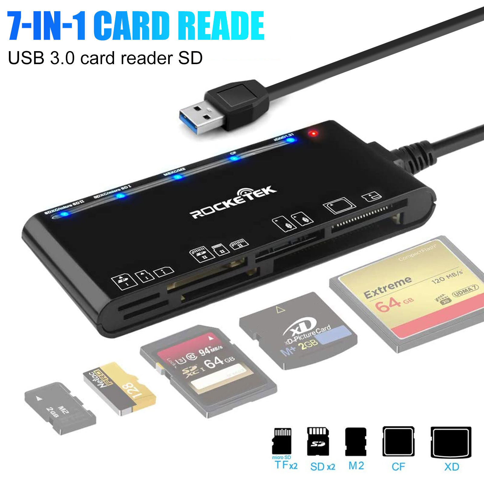 7IN1 Card Reader USB 3.0 Micro SD TF CF Smart Memory Adapter for Windows Mac OS