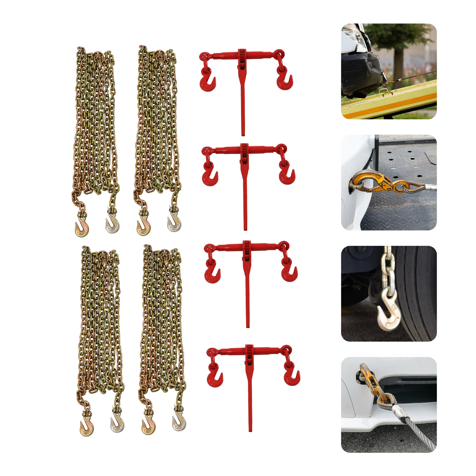 4 Pack 5/16"-3/8" Chain and Binder Kit Ratchet Load Binder w/ 4x 20ft Chains NEW