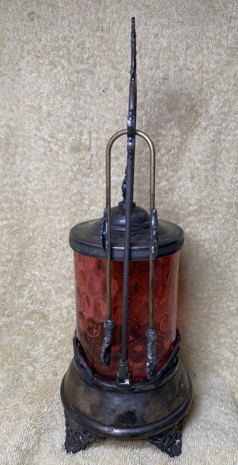 Antique Victorian Style Pickle Castor W/ Tongs Coin Dot Glass Cranberry Red