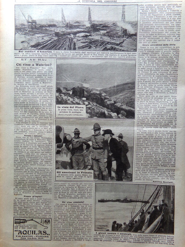 La Domenica del Corriere 12 May 1918 WW1 Piave America Waterloo Raimondi Navi