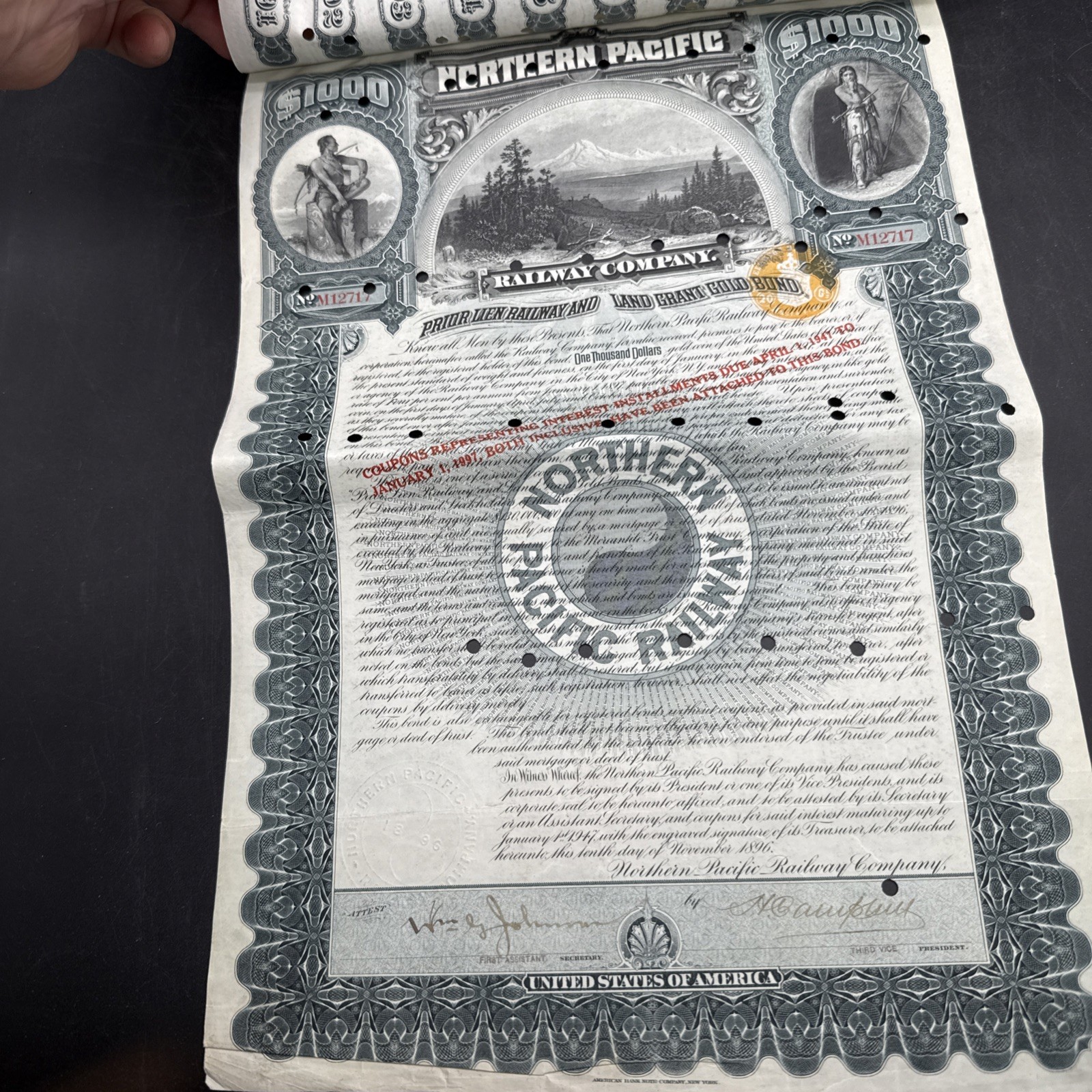 Northern Pacific Railway Co. 1897 dated $1,000 Railroad Gold Bond Gorgeous