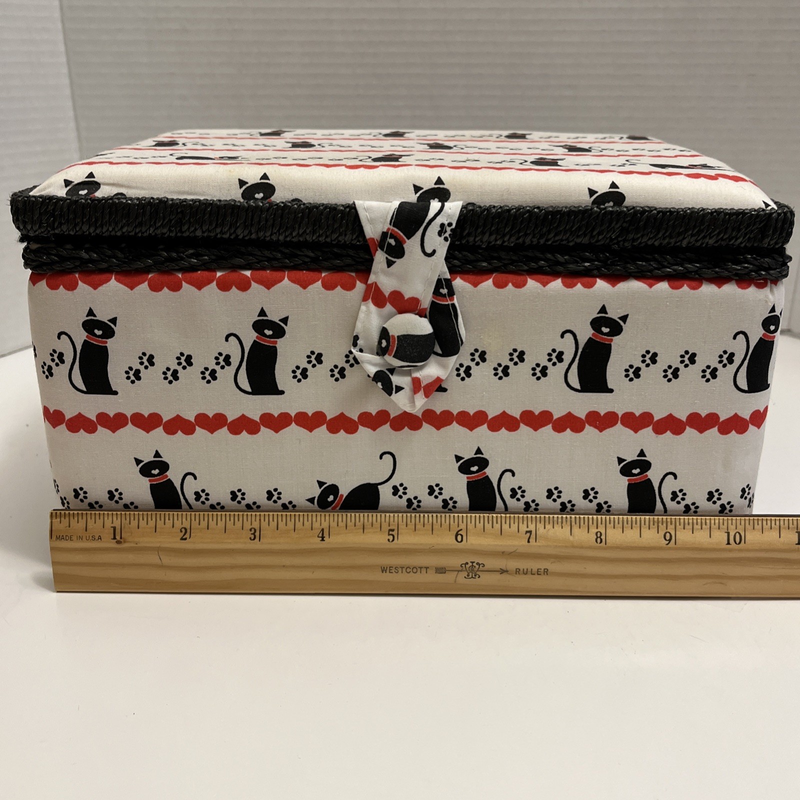 Sewing Basket Cat Print Padded Box Pin Cushion Accessories Storage Snap Closure