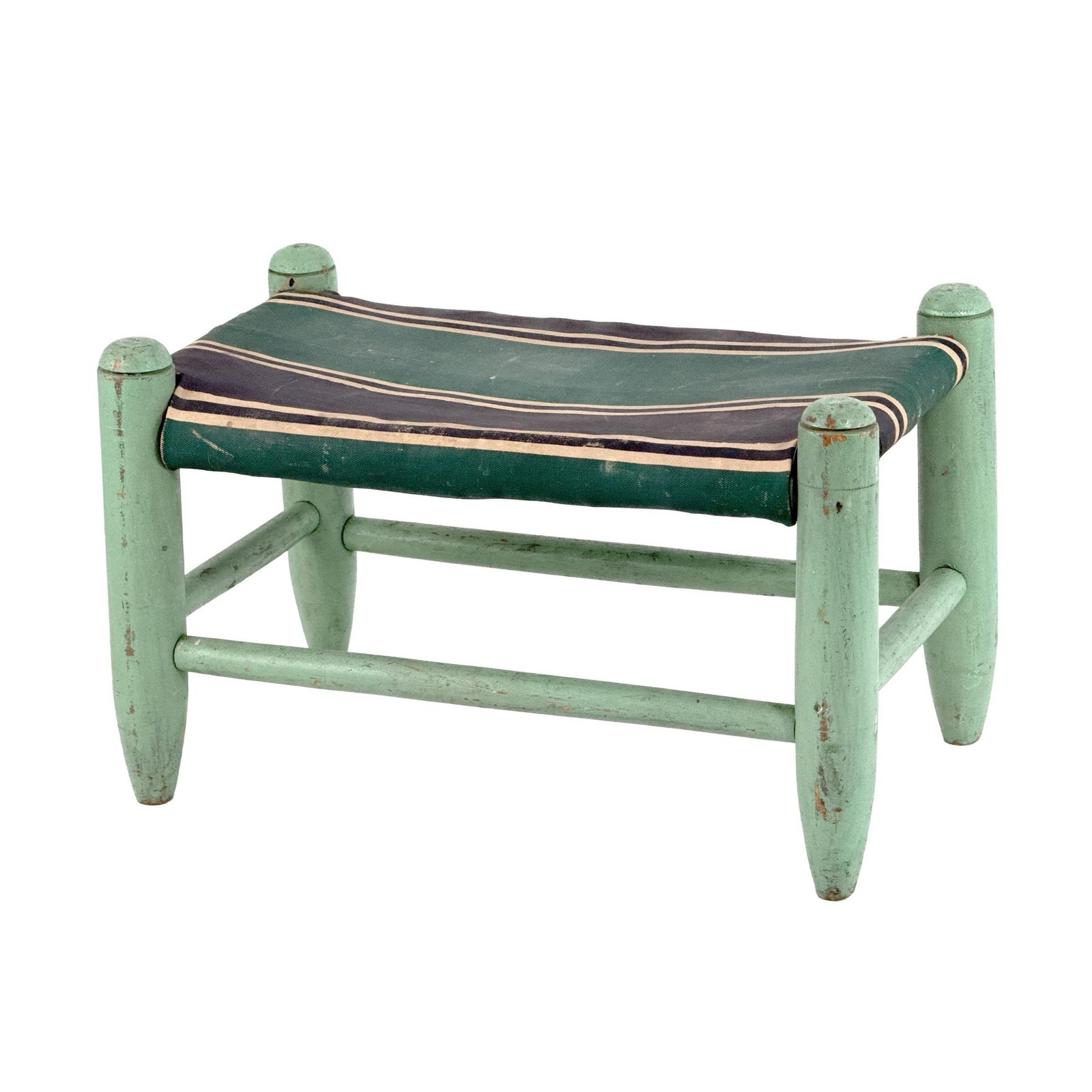 Vtg 30s Turquoise Green Painted Wooden Stool Striped Straw Stuffed Oilcloth Seat