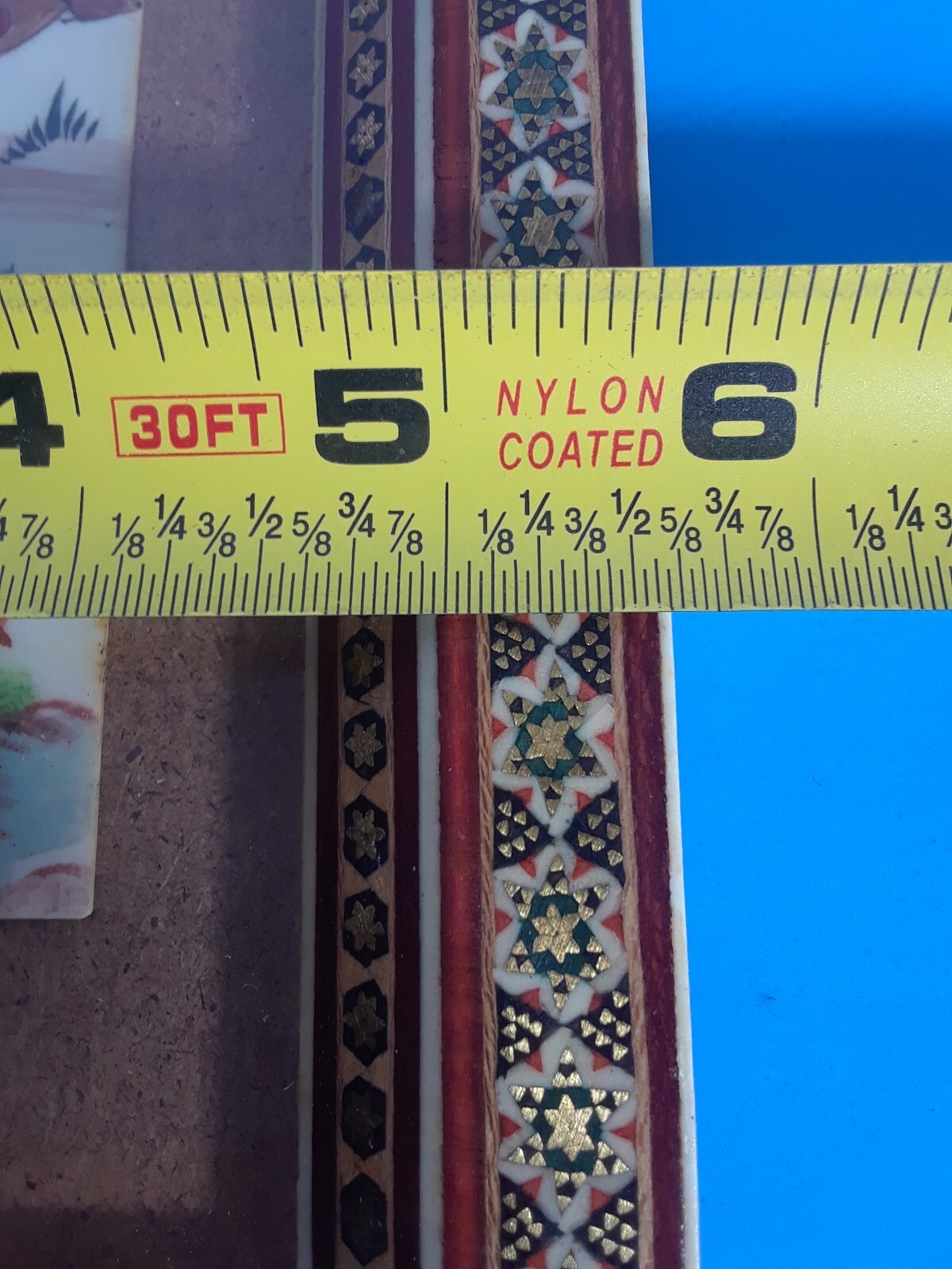 Chinese Scroll Warrior Horses Enamel and Wood Frame 19 3/8 x 5.5