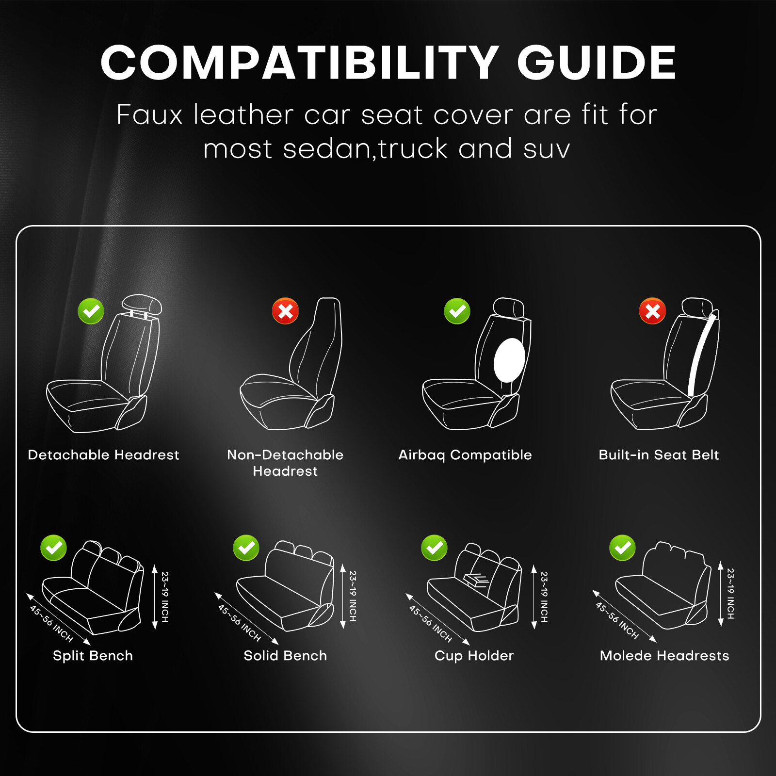 For Honda Civic Faux Leather Car 5 Seats Covers Full Set Front Rear Back Cover