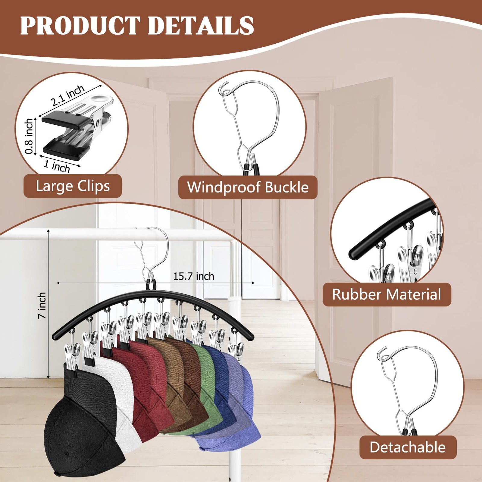 3 Pack Hat Hangers for Closet Display, Metal Hat Organizer for Baseball Caps ...