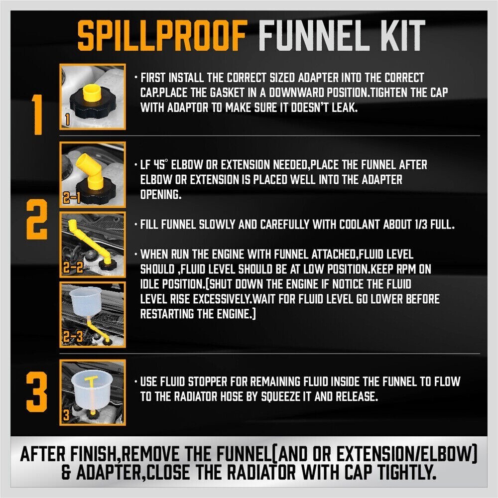 Spill Proof Radiator Coolant Filling Funnel Kit 15-pcs Cooling System fill kit