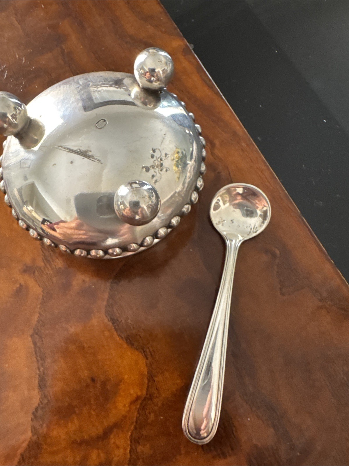 Silver Salt Cellar Beaded Rim ,Ball Footed With Sterling Salt Spoon