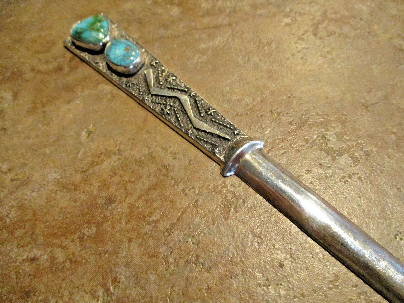 7" TOP SHELF !!! Vintage Navajo Sterling Turquoise Sandcast LETTER OPENER