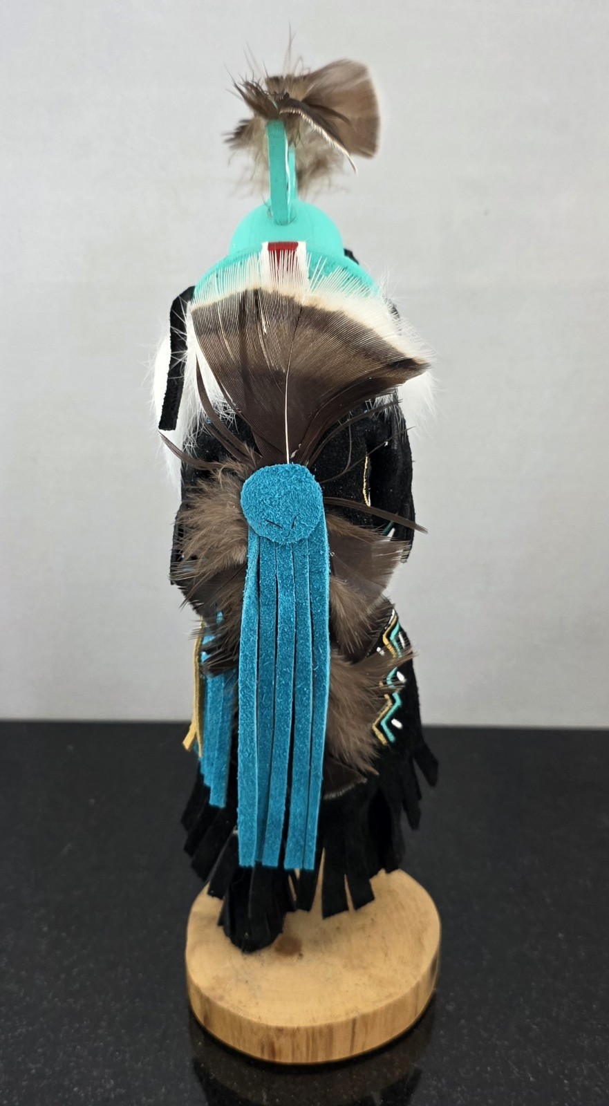 Vintage Kokopelli Kachina Doll Leather Wood Fur Feathers 11.5″ - Corrina Edsitty