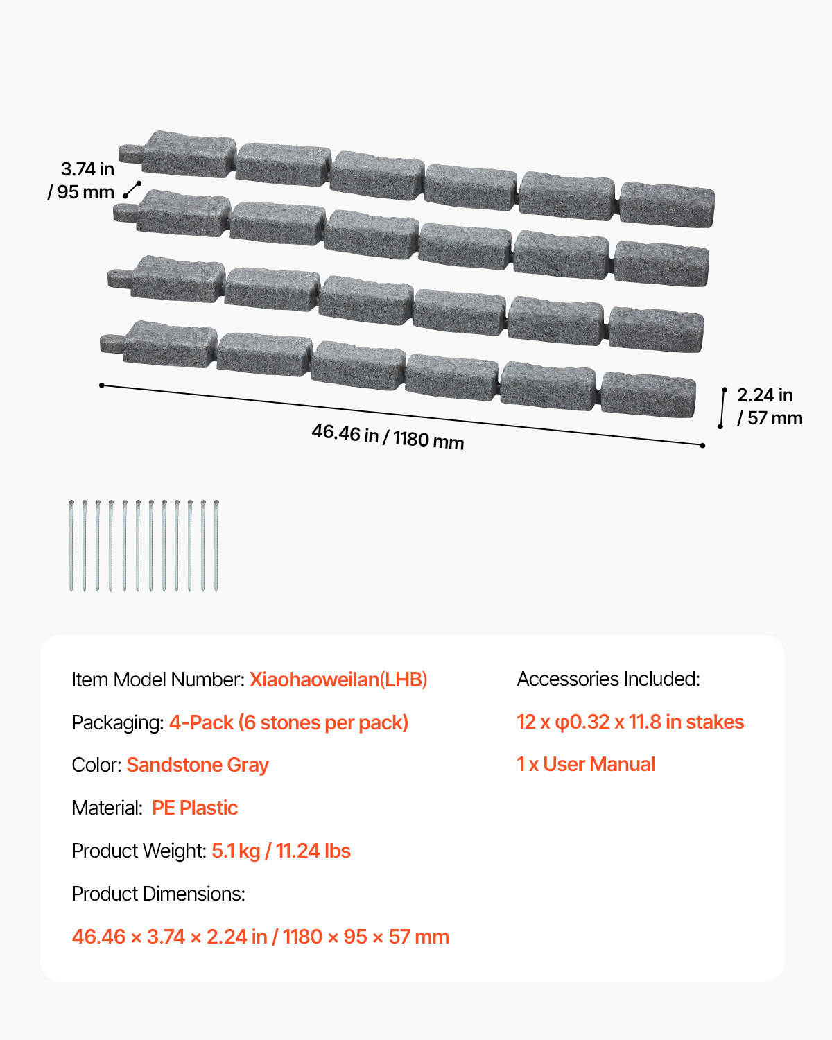VEVOR Fake Stone Landscape Edging 46.2 x 2.2 in Garden Lawn Edging Border