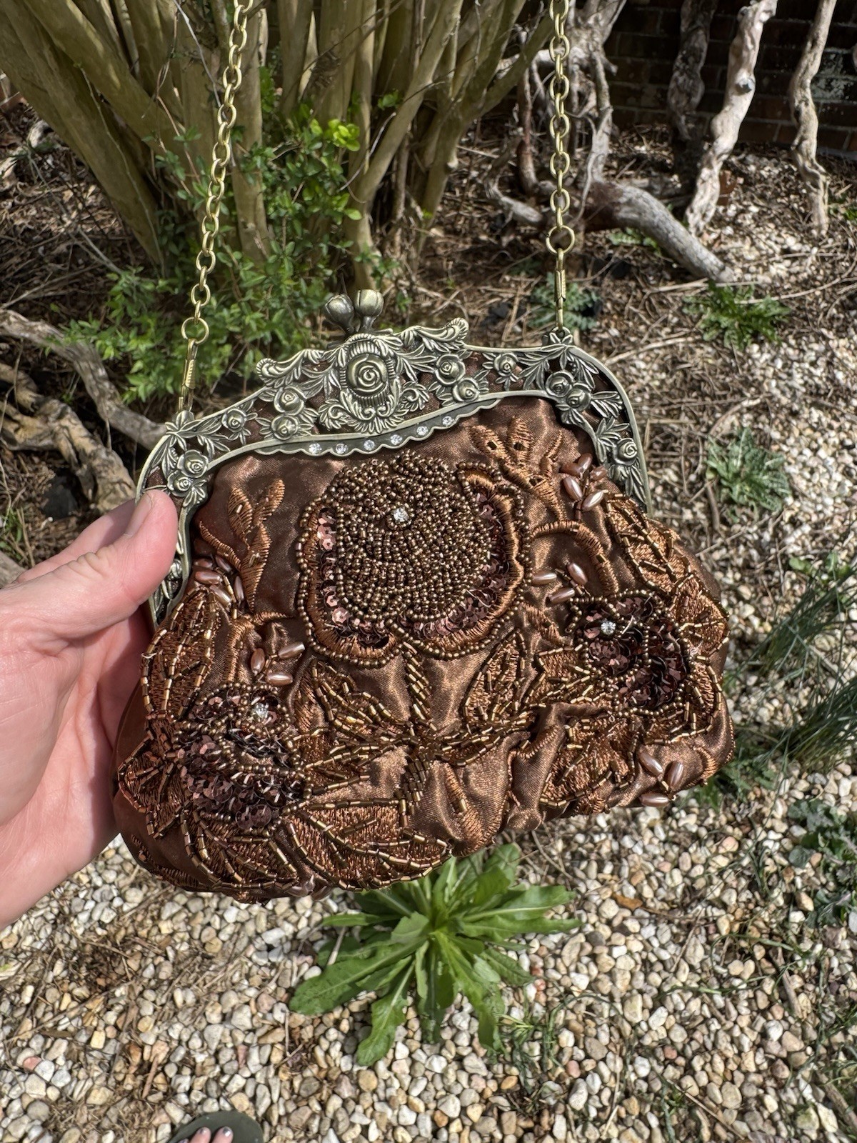 Vintage Beaded Evening Bag Brown Kiss Lock Closure Bronze Metal