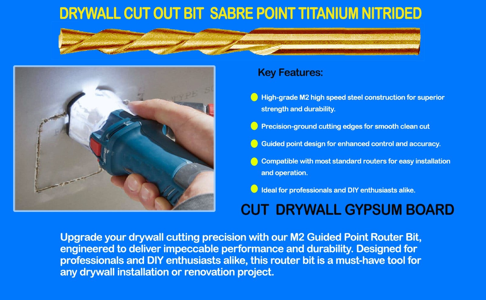 Drywall Cut out Bit 1/8" Sabre Point Cutout Bit Titanium Router Drill Bit -10Pcs