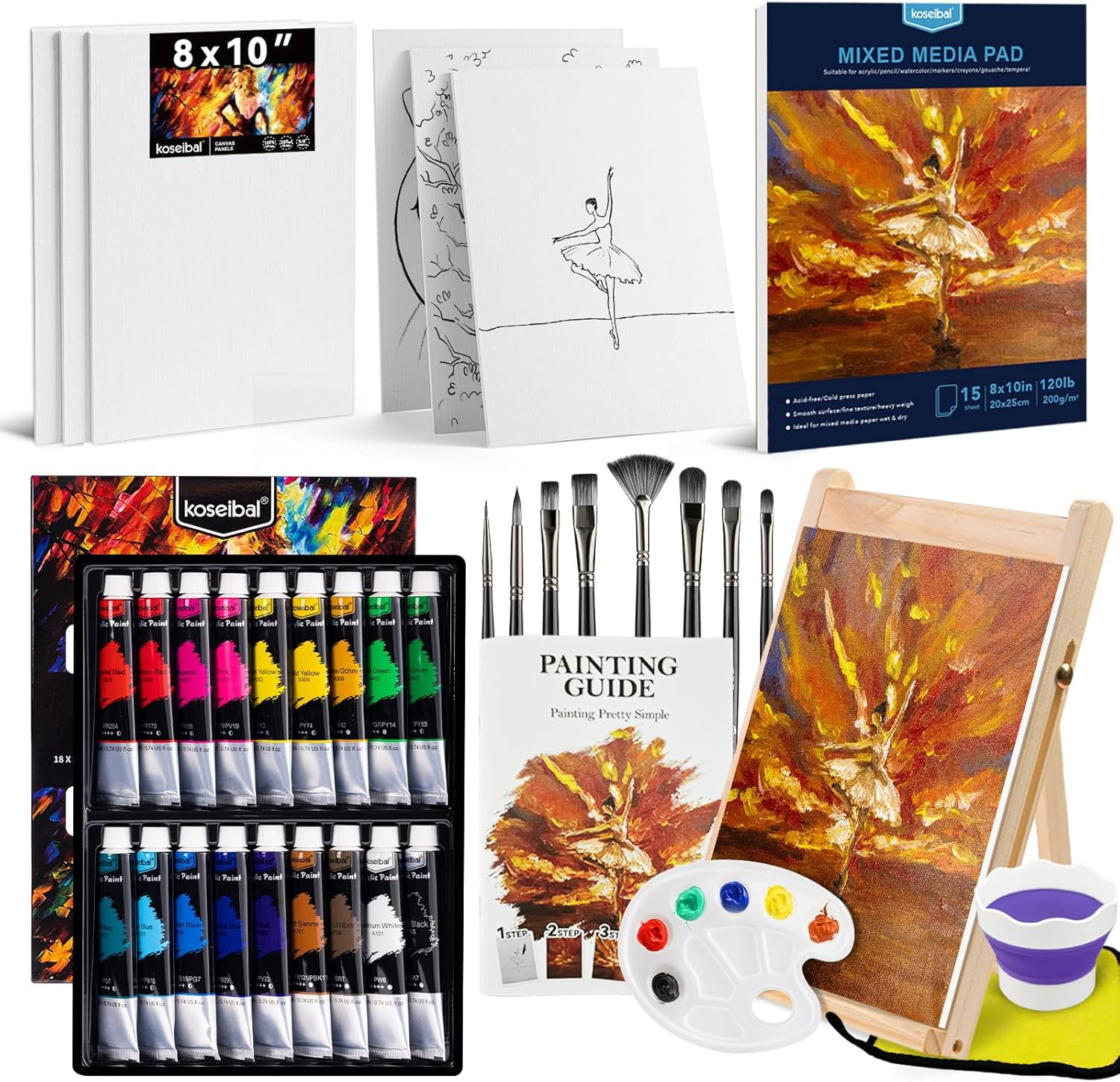Acrylic Paint Set for Adults & Kids - 37PCS Art Painting Supplies Kit with 18 Co