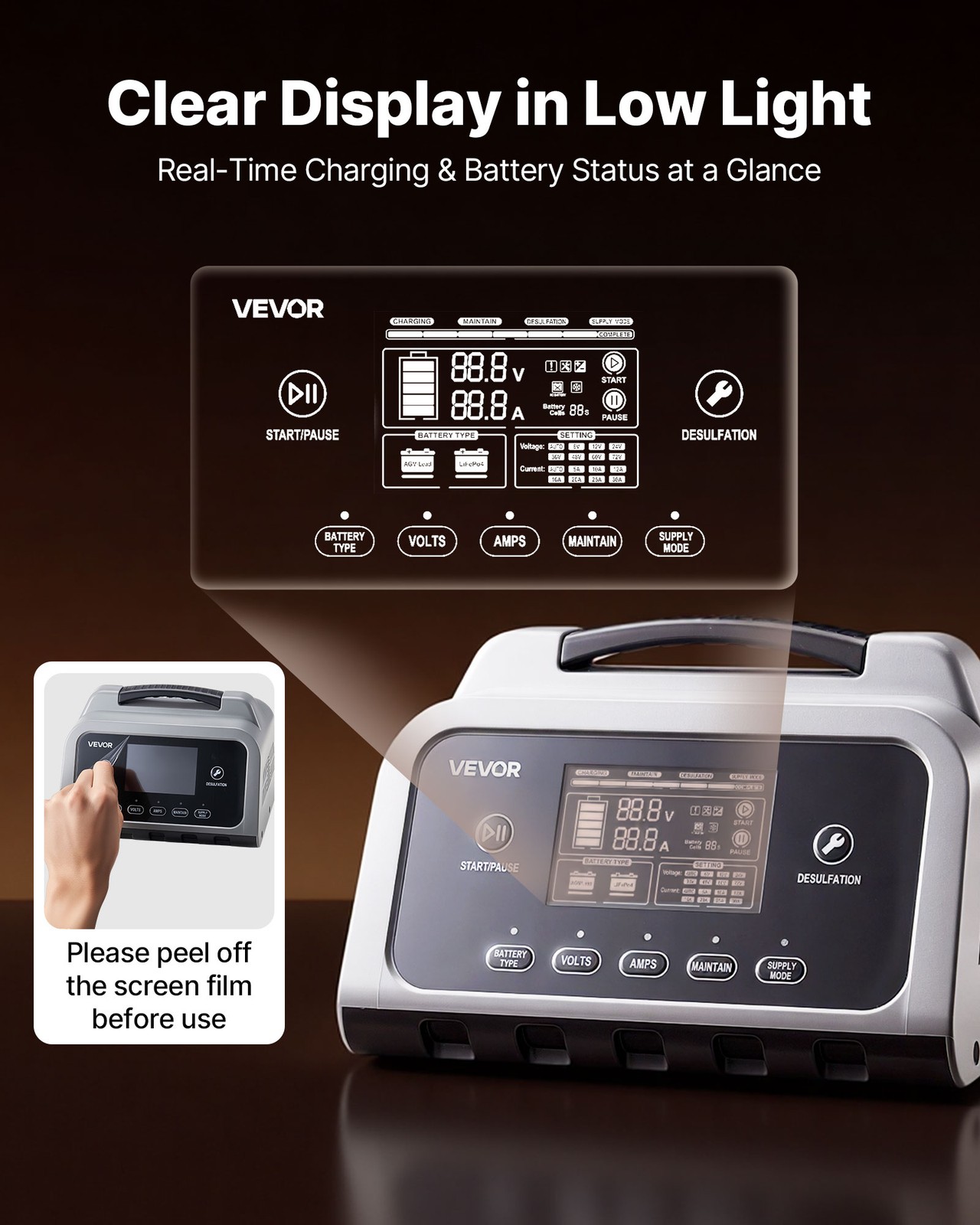 VOVOR Smart Battery Charger 20A for 6V 12V 24V Lithium LiFePO4 Lead-Acid Battery