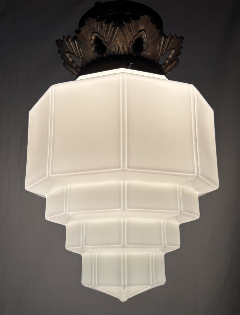 Skyscraper Light Fixture Ceiling Flush Brass Vtg Art Deco Glass Shade USA #L39