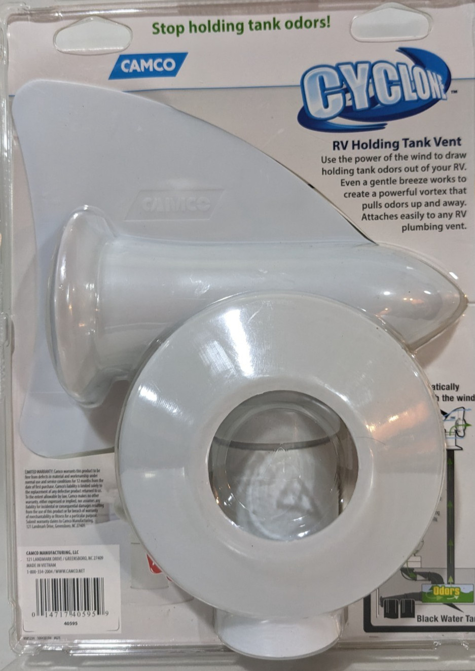 New Camco Cyclone RV Holding Tank Vent Sanitation White 40595 Rotating New