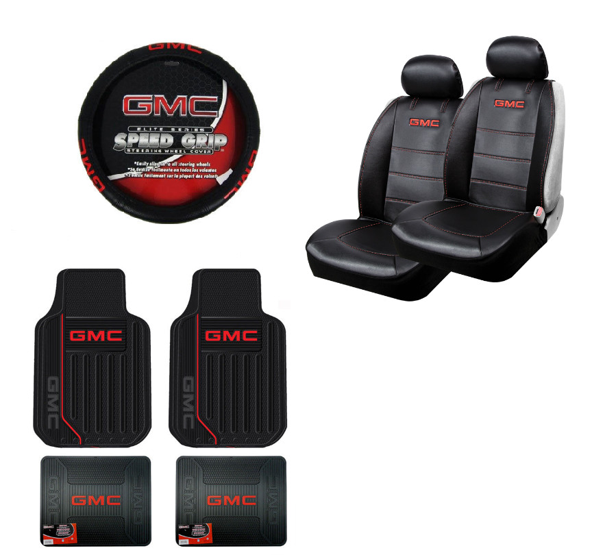 New 9Pc GMC Elite Red Logo Rubber Floormats Seat Covers Steering Wheel Cover Set