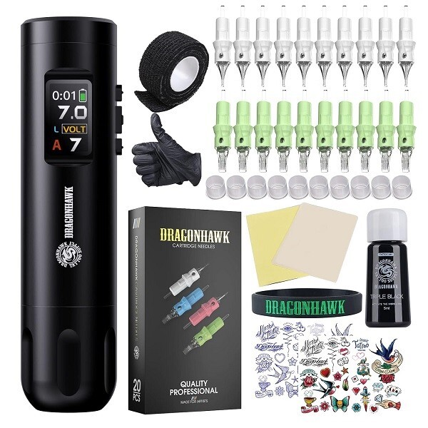 Dragonhawk X7 Wireless Tattoo Pen Kit Rotary Tattoo Machine 20Pcs Cartridges