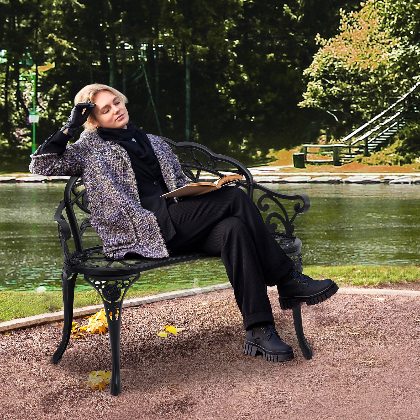 VEVOR Outdoor Bench 38.8in Metal Garden Bench 480lbs Park Patio Yard Porch Bench