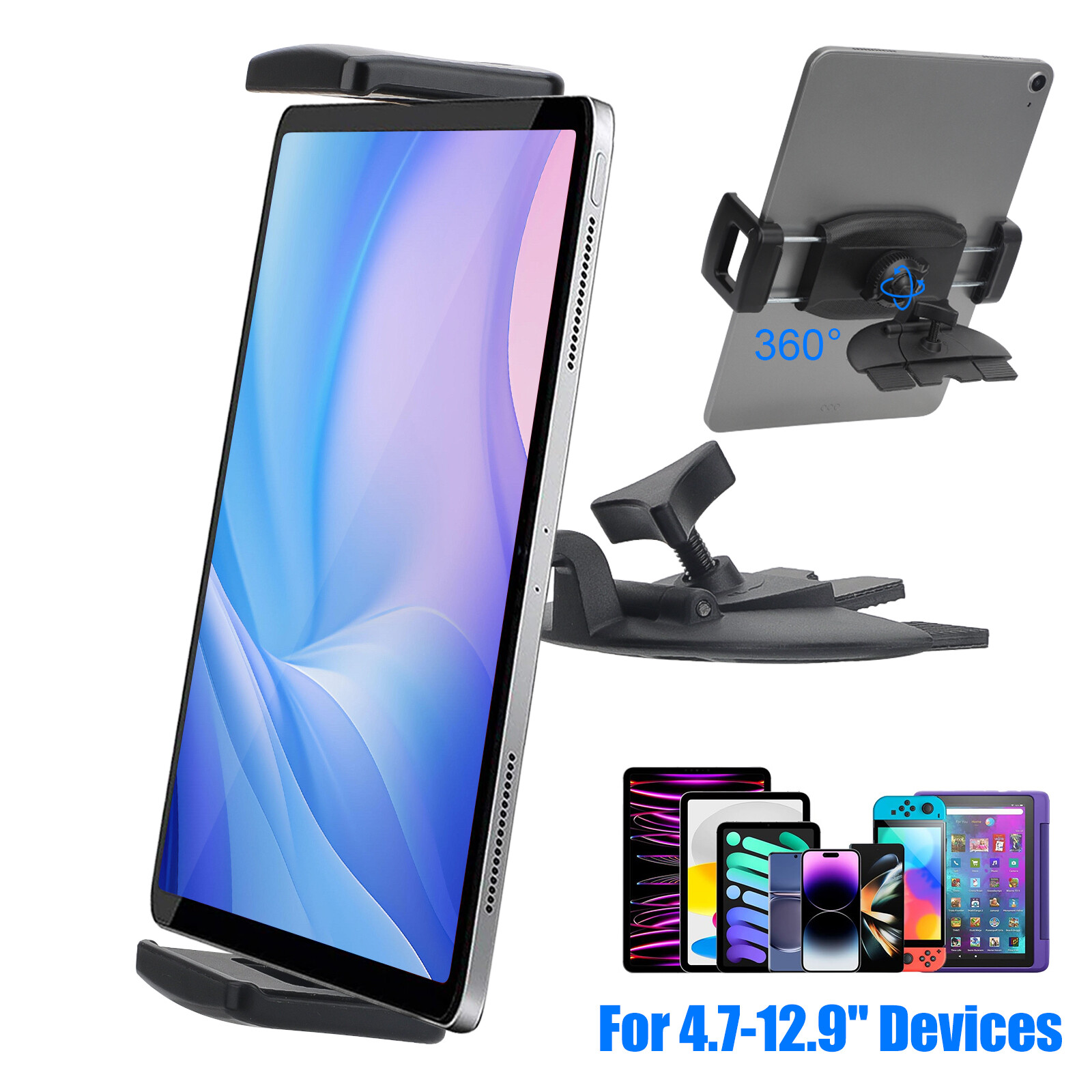 Car CD Slot Holder 360° Rotation Car CD Player Mount for 4.7-12.9" Tablet Phone