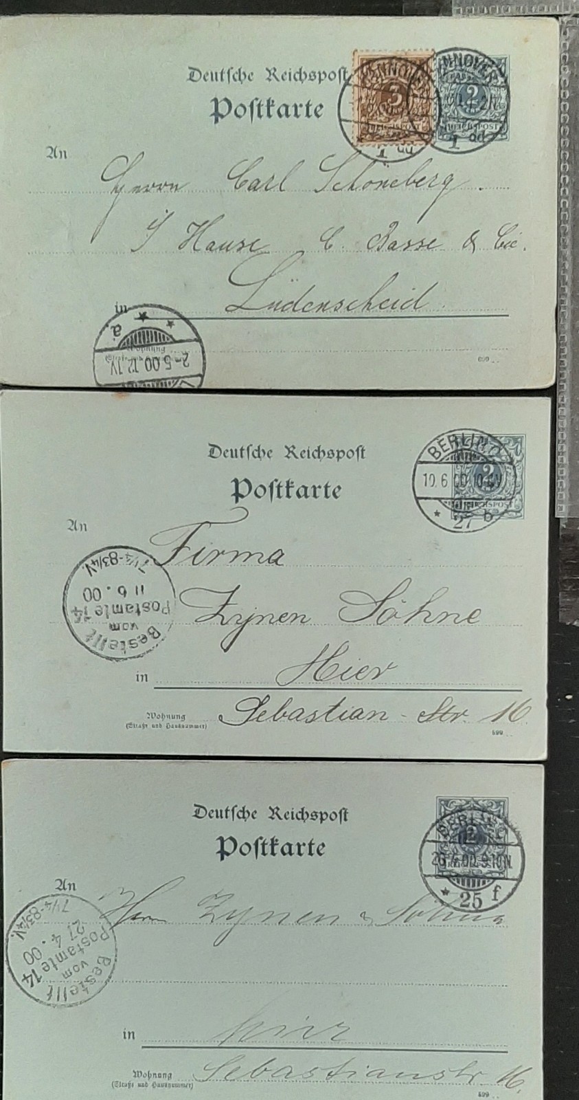 y(GER-867) GERMANY 1900 REICHPOST 2pf postal postcard used (3) different cards