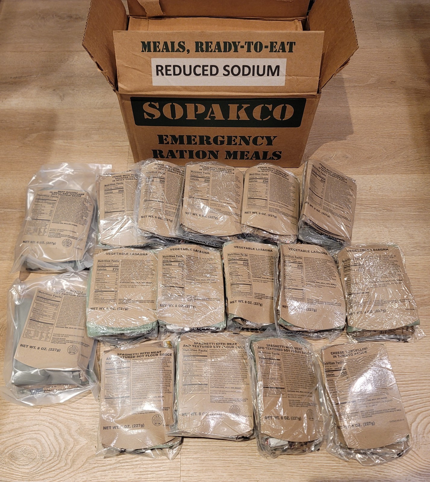 SOPAKCO MRE LOW SODIUM EMERGENCY INDIVIDUAL RATION HIKING CAMPING 16 MEALS-11/27