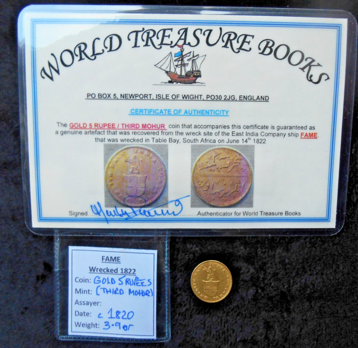 SHIPWRECK treasure GOLD 5 RUPEE coin MOHUR EAST INDIA CO ship FAME wreck 1819/20