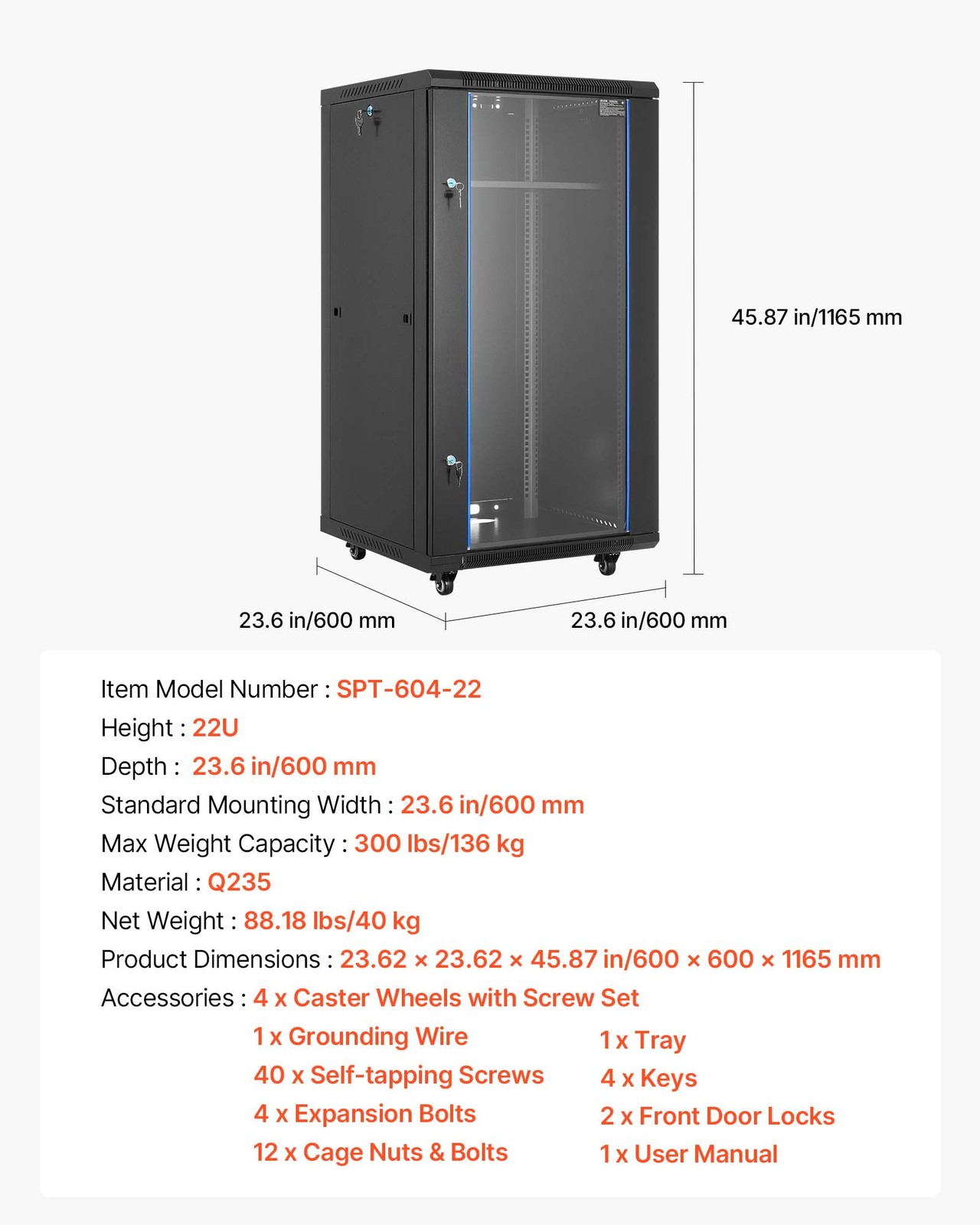 VEVOR 22U Network Cabinet Wall Mount Server Cabinet Rack Enclosure Glass Door