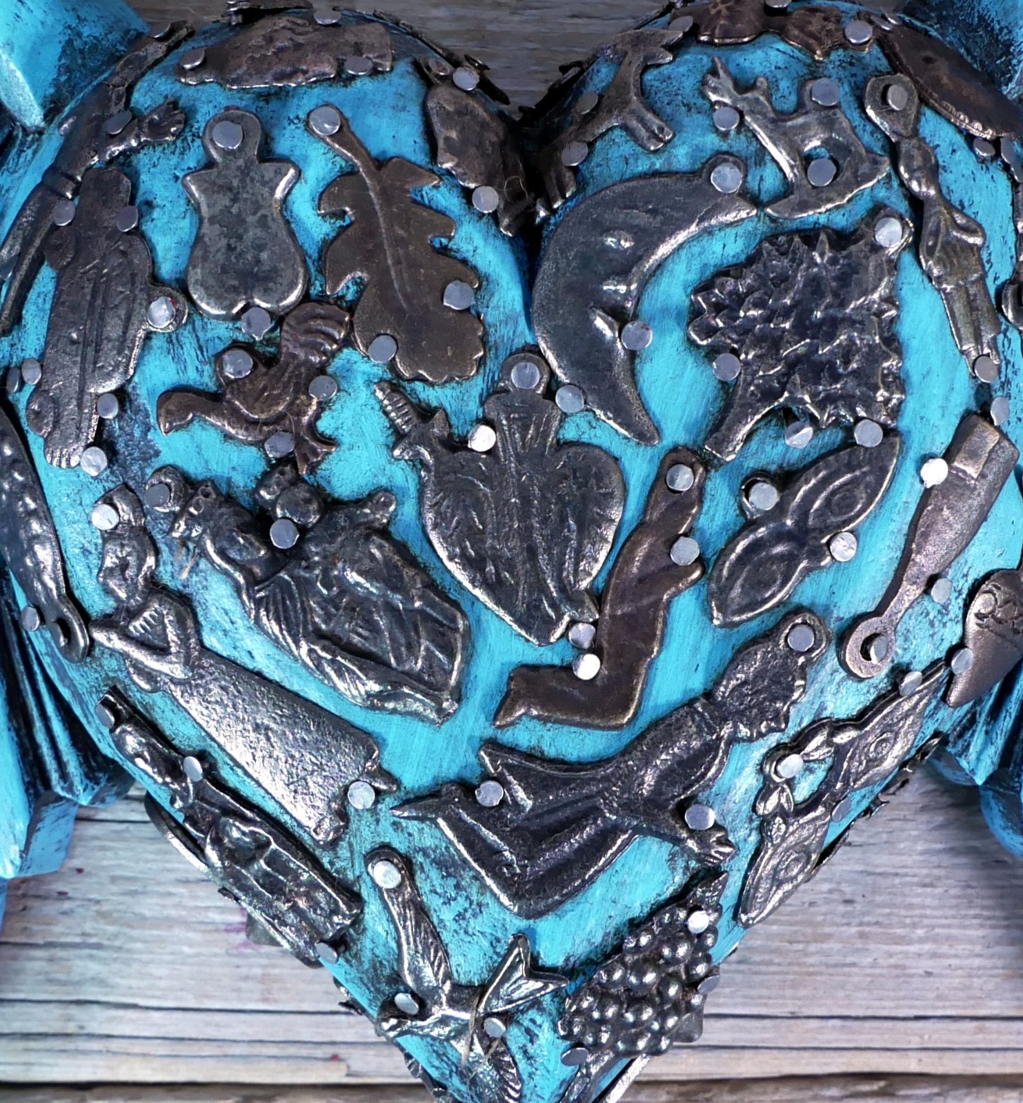 Blue Heart Wings Milagros Handmade Wood Mexican Folk Art Love Token Medium Size