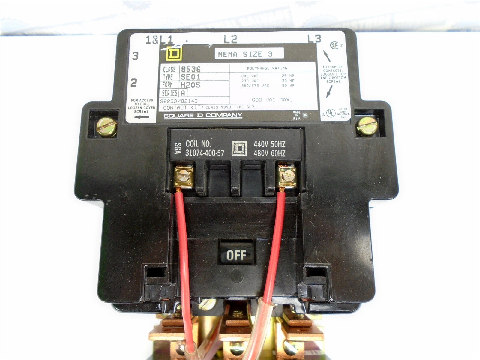 SQUARE-D 8536SEO1H20S SZ 3 MOTOR STARTER LOGIC 25-50HP Coil 480V 90A 600V TESTED