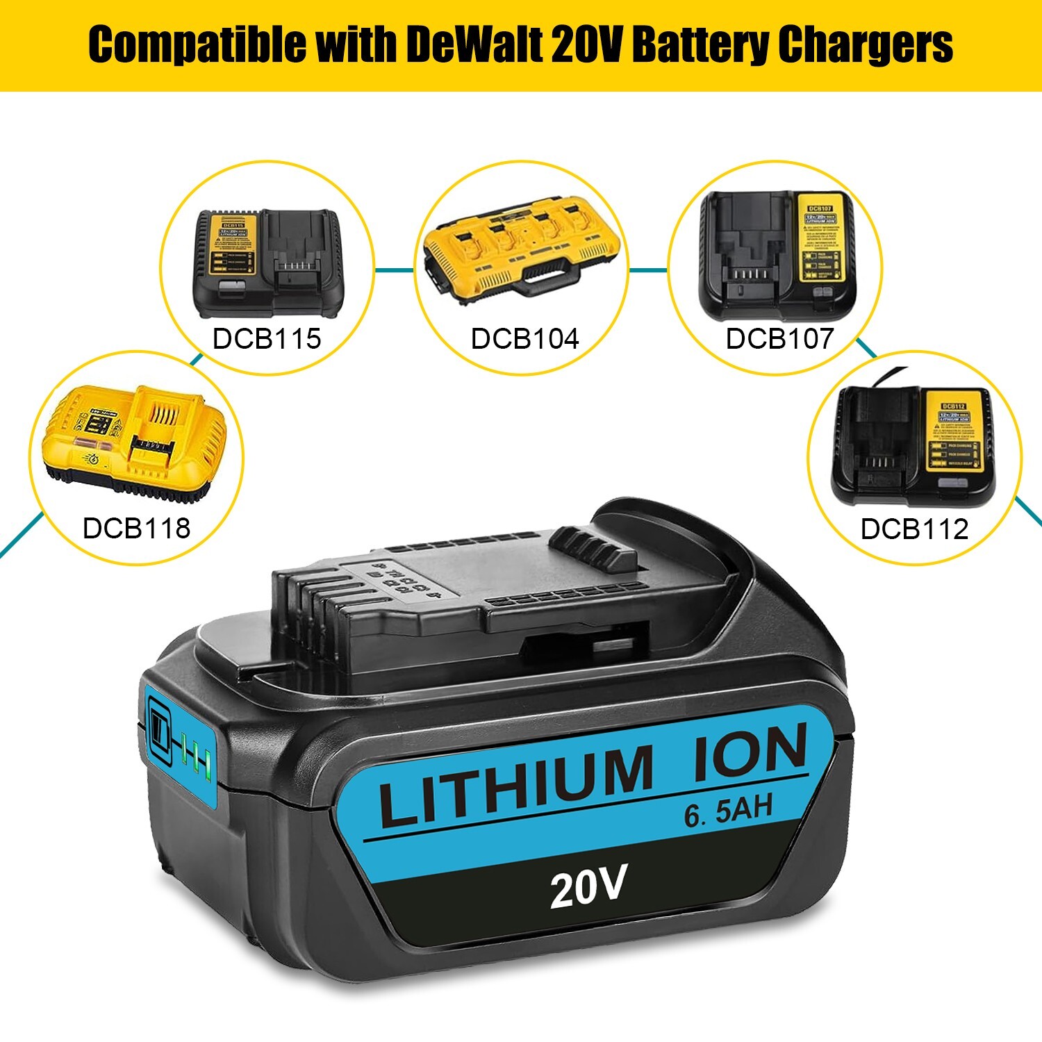 2Pack 6.5AH Battery Replacement For DeWalt 20V Max Lithium ion 20 Volt DCB206