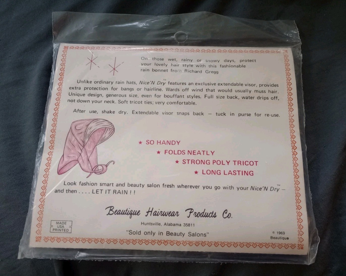 NOS Vintage 1960s RAIN BONNET NICE 'N DRY #234 Brown Made In USA 1969