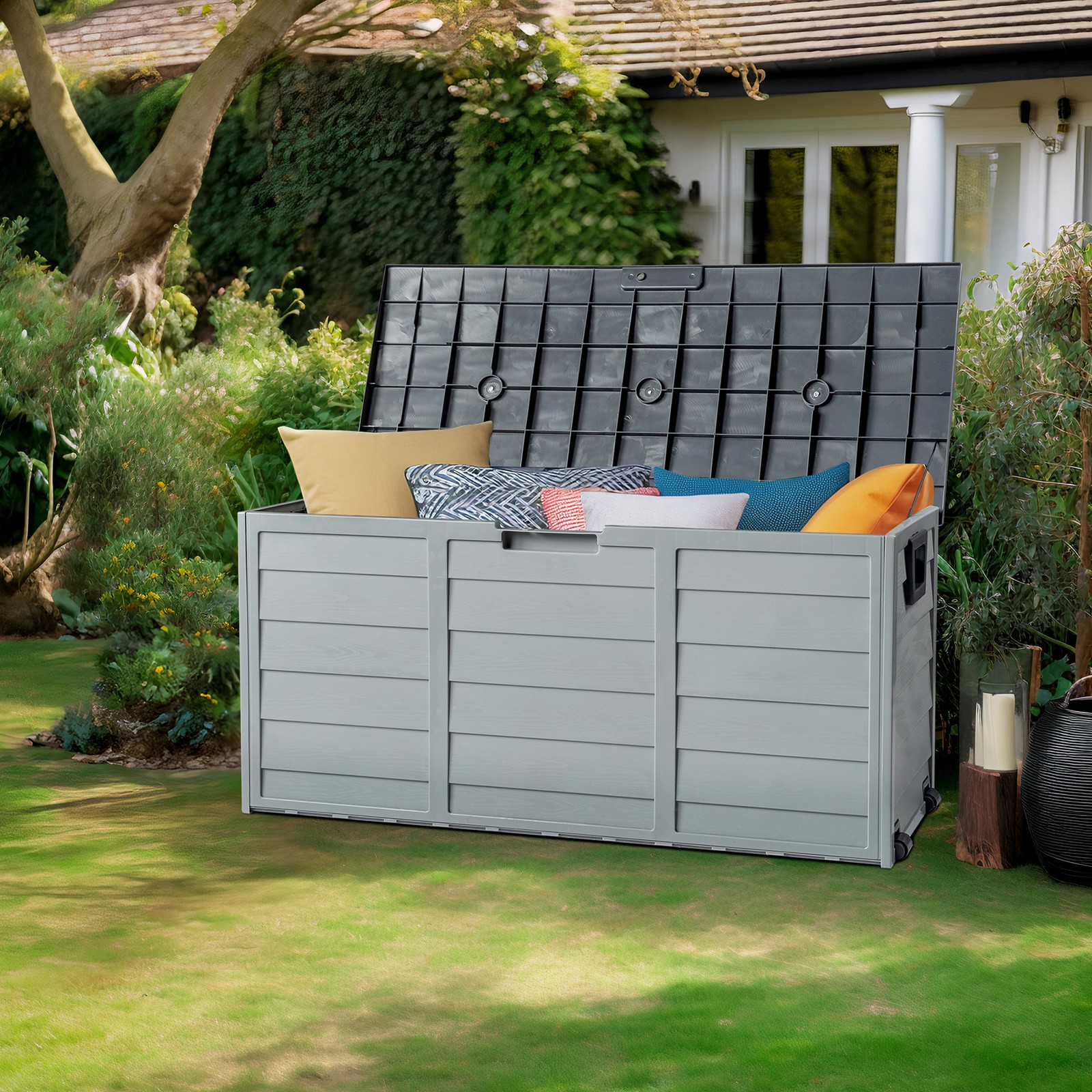 All Weather UV Pool Deck Box Storage Shed Bin Backyard Patio In/Outdoor Wheel