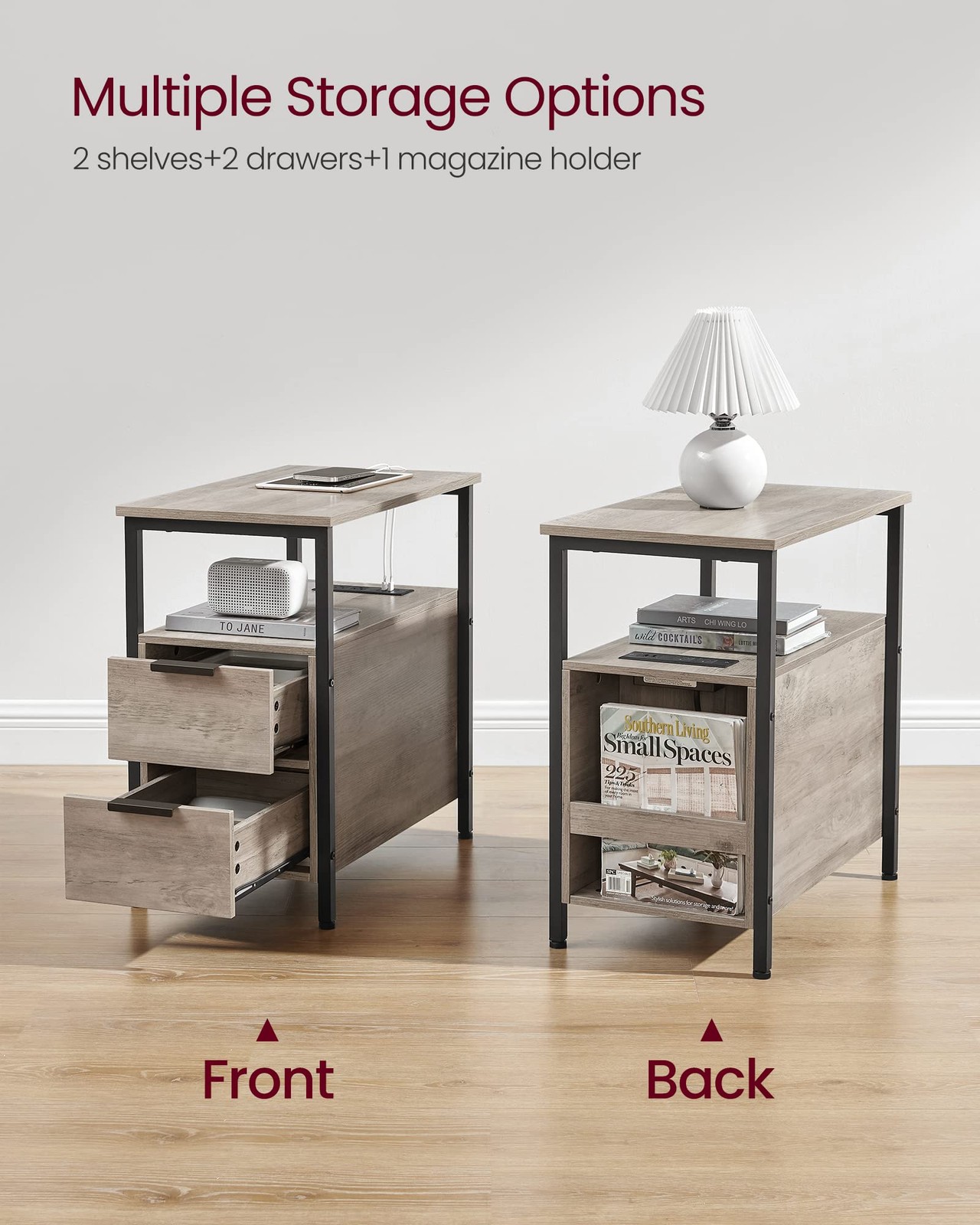 Slim Nightstand with Charging Station 2 Drawers for Small Spaces