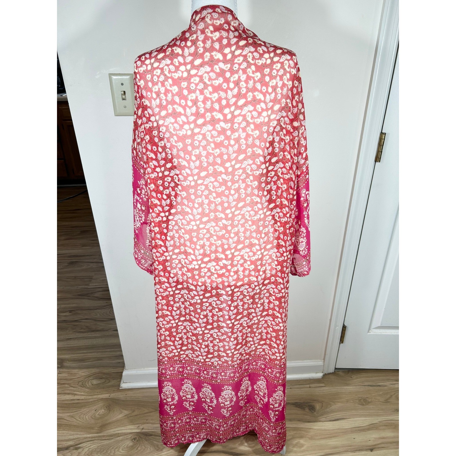 Pink Floral Long Duster Kimono Open Front Beach Cover Up OS BOHO Semi Sheer